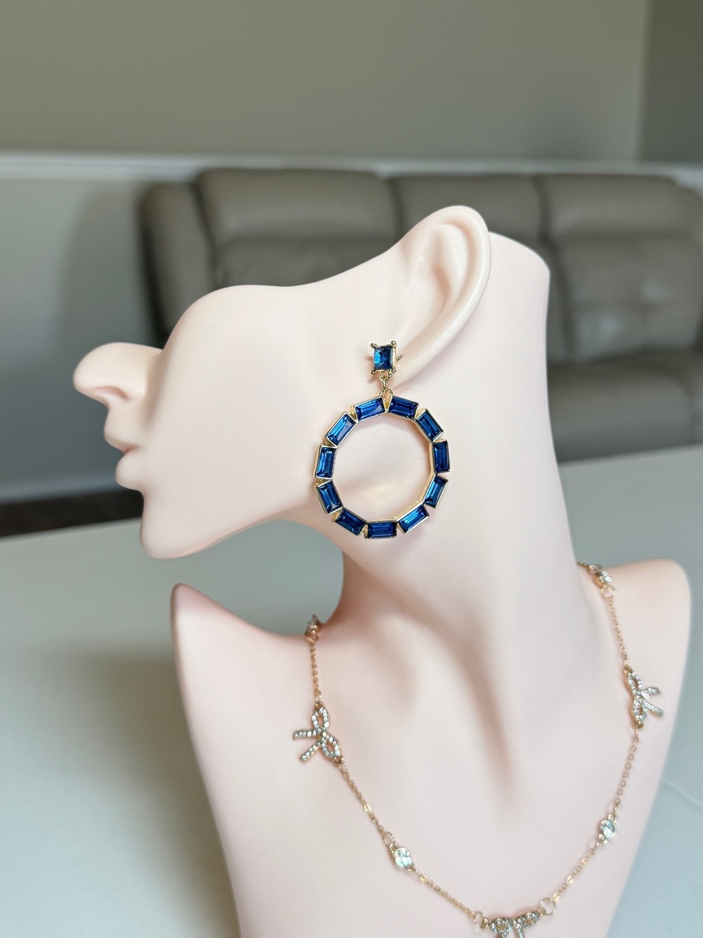 Gold-Tone Hoop Earrings with Blue Gemstones